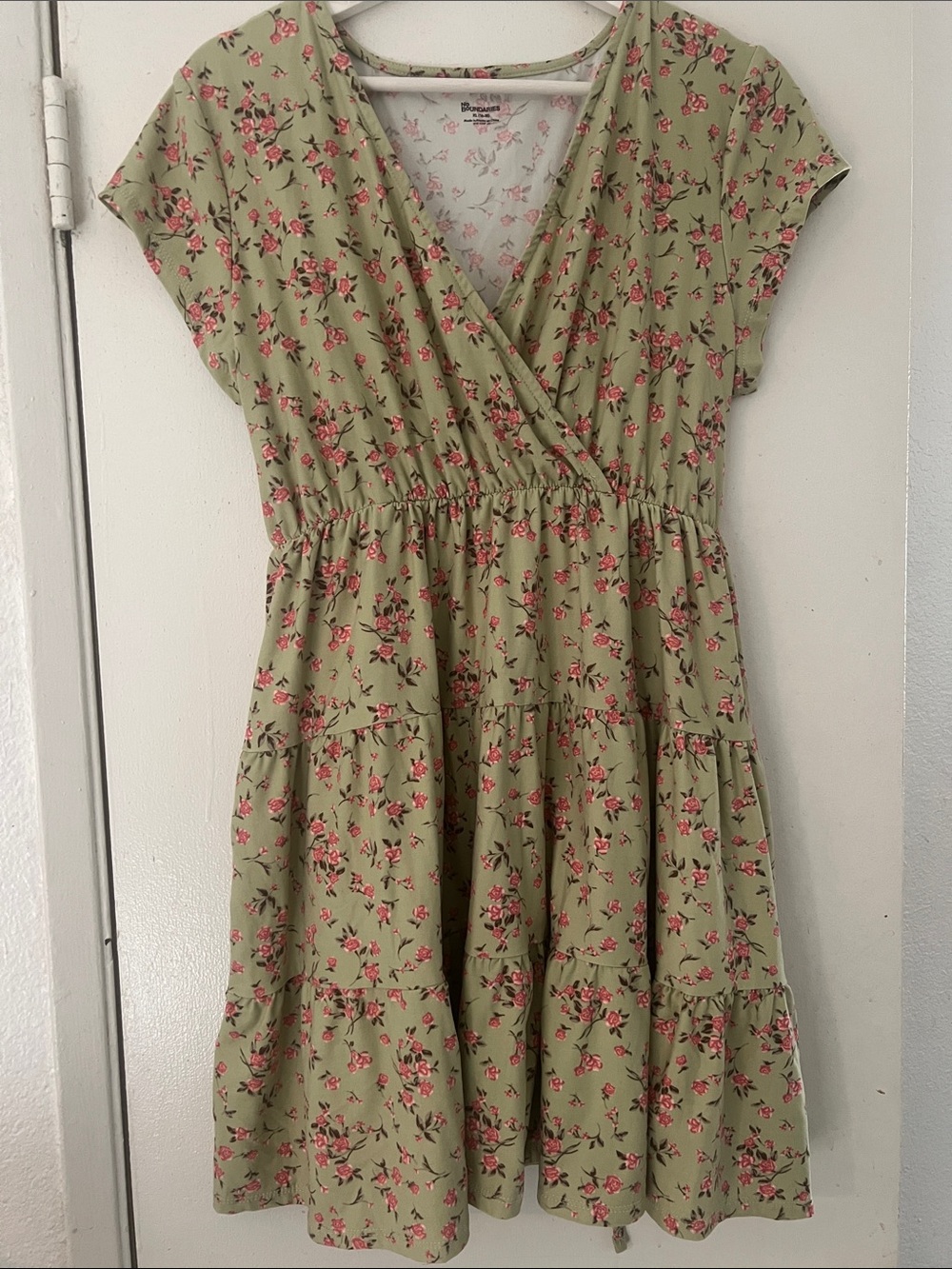 No Boundaries Olive Green Floral Midi Dress with Pink Blossoms cottage core boho